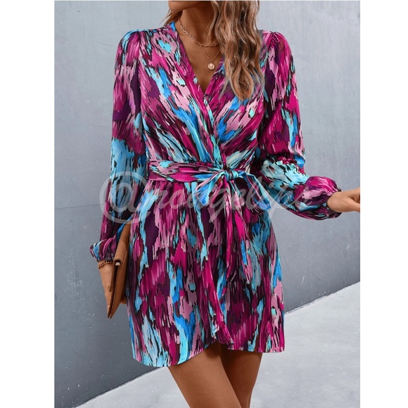 Printed Blue Purple Pink Wrap Short Dress Tie Belt Long Lantern Sleeve - Picture 5 of 10